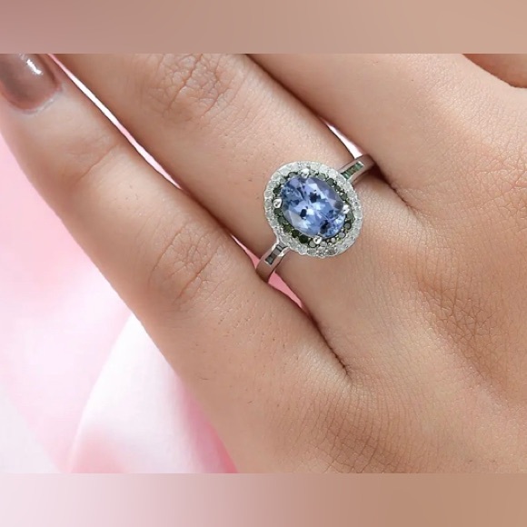 Peacock Tanzanite with Diamond Double Halo Platinum over Sterling Silver Size 8 - Picture 3 of 16